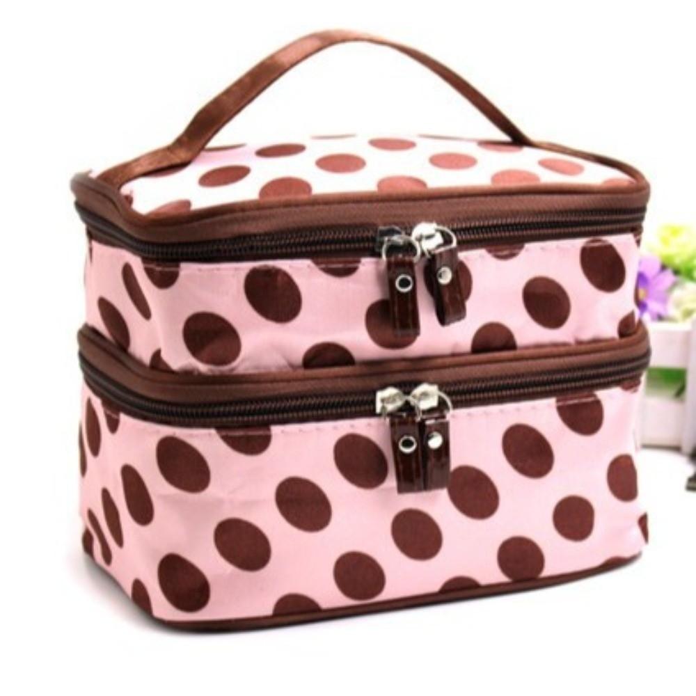 Fashion Double-layer Makeup Bag Polka Dots Portable Toiletry Bag Large Capacity Travel Makeup Case