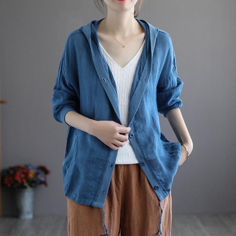 Cotton and Linen Cardigan Women's Summer Loose Hooded Long-sleeved Top Thin Short Jacket
