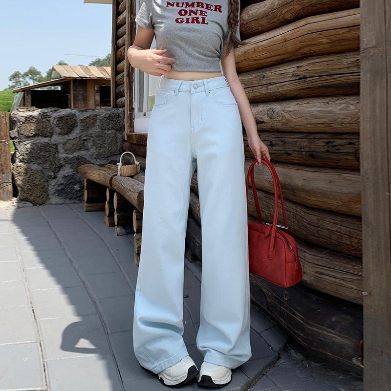 Trendy Sky Blue Jeans Women s Summer Straight High Waist Loose Versatile and Thin Floor-mopping Wide-leg Pants High Waist Bright Yellow Wide Leg Jeans XS