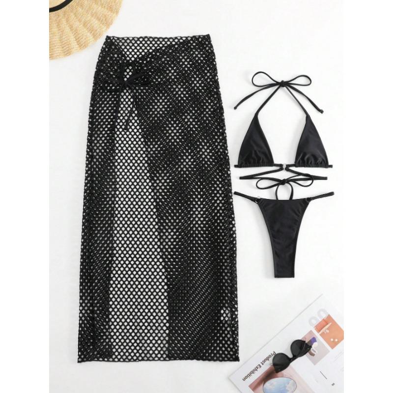 

Женский трехсекционный комплект бикини с вязаной сетчатой юбкой-накидкой, топ-треугольник на завязках с перекрещивающимися лямками S чёрный