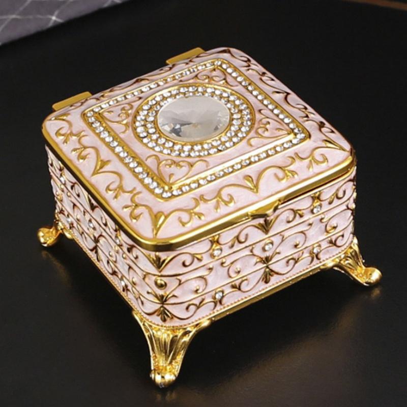 Mini Square Shape Jewelry Storage Box Necklace Organizer,Large Size Inlaid Gem Alloy Ring Storage Jar Unique Gift for Family