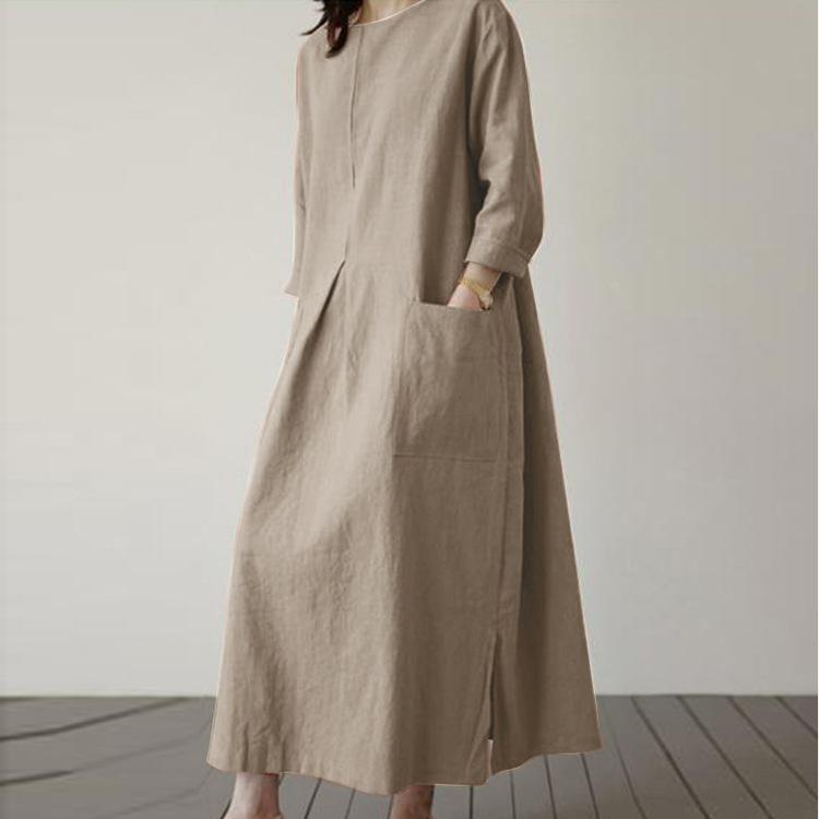 Women Casual O-neck 3/4 Sleeve Cotton Long Dress
