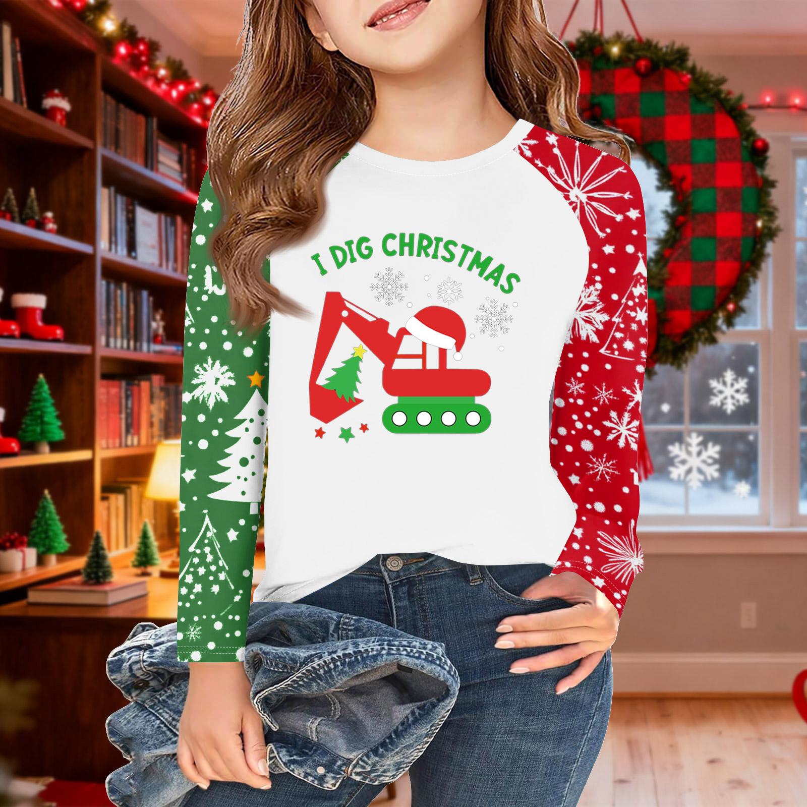 

Футболки с длинным рукавом для девочек на Рождество, детские осенние топы с круглым вырезом, базовые футболки 5-14 лет 140