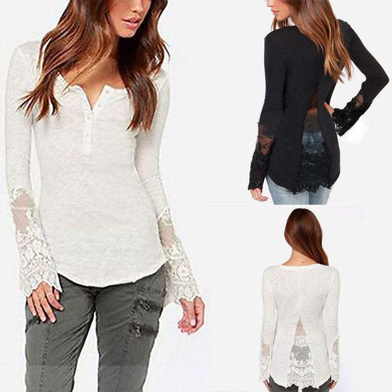 Elegant Lace Stitching Women's T-shirt Slim Fit Long Sleeve Cotton Top
