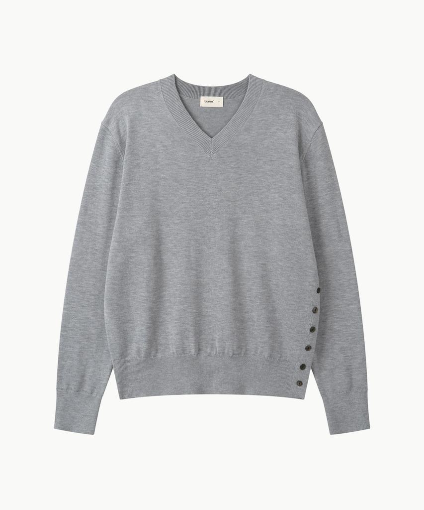 Leondi Min Side Button V-Neck Knit - Gray