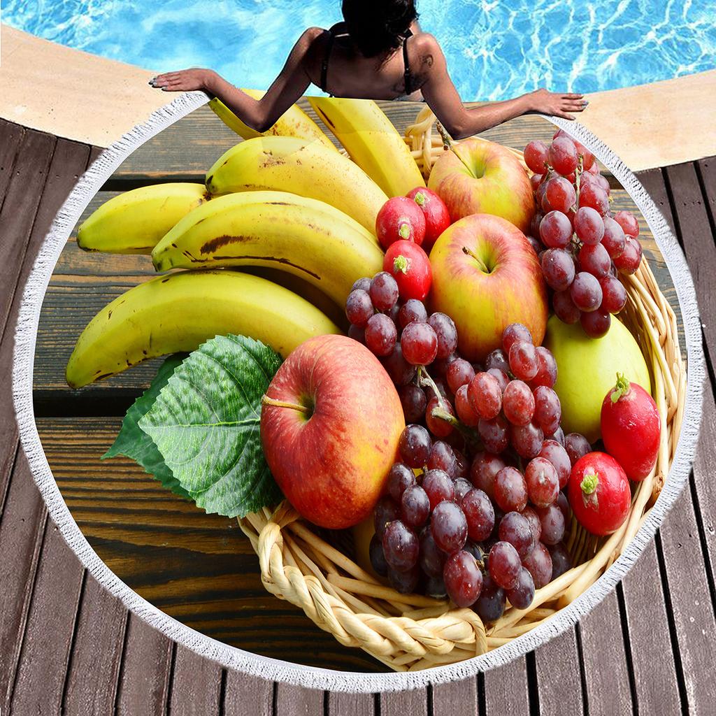 Summer Tropical Fruit Round Beach Towel Delicious Hawaii Fruits Sandproof Beach Blanket Soft Quick Dry Towel Portable Picnic Mat