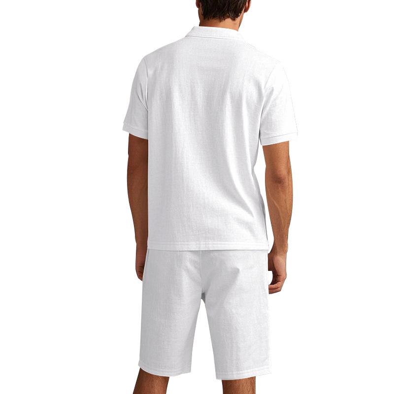 New Men's Linen Casual Lapel Polo Shirt & Short Sleeve Beach Shorts Set - European/American Style