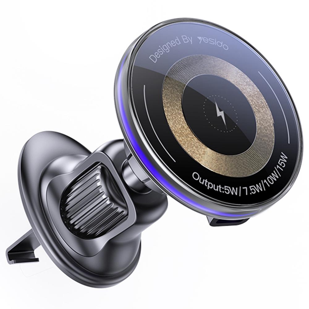 YESIDO C308 Round Phone Magnetic Holder Stand 15W Wireless Charger Car Air Outlet Bracket A