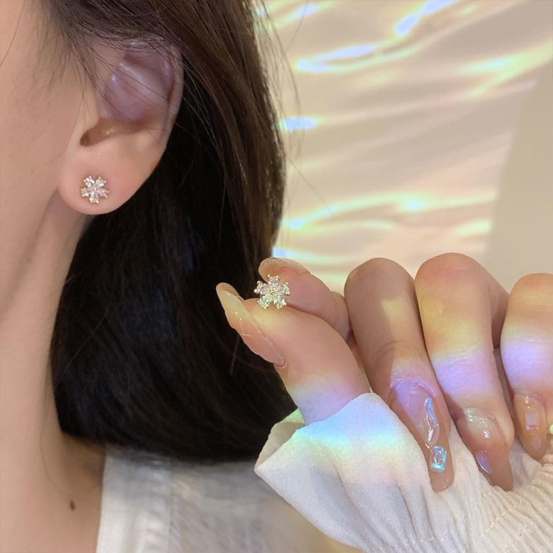 Cherry Blossoms Earrings Ladies Popularity Compatible with Metal Allergies Zirconia Flower Stud Leave It On Gold Celebration Day Birthday Wedding