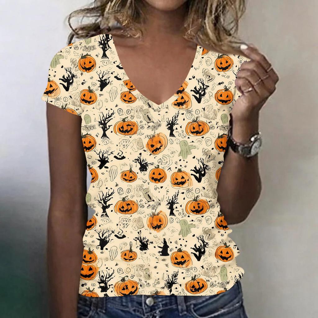 Women's V-Neck Halloween Print Blouse Lightweight Spring Summer Top