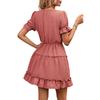 Zomerse Casual Jurk voor Dames met Korte Mouwen, Strik in de Taille, Gerimpelde Zoom, V-hals Design, Lichtgewicht Stof, Elegante Stijl