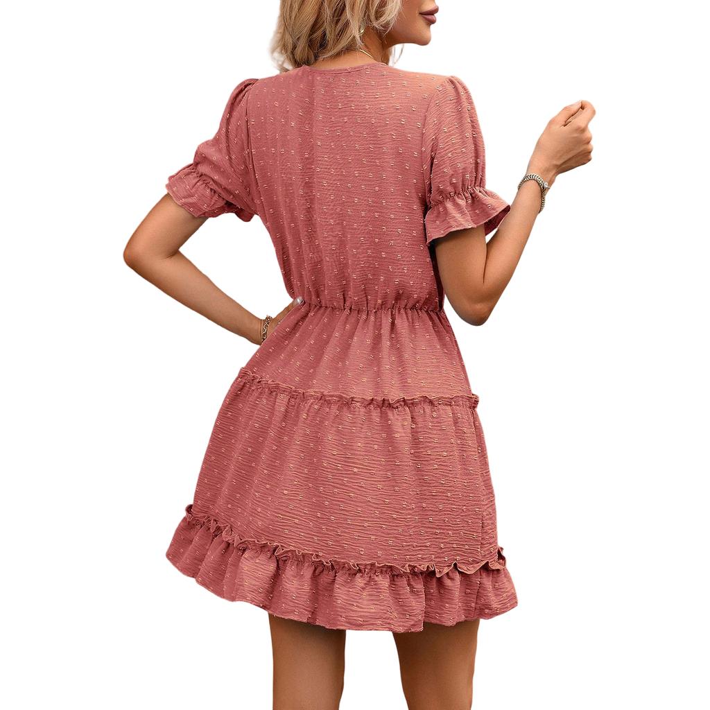 Zomerse Casual Jurk voor Dames met Korte Mouwen, Strik in de Taille, Gerimpelde Zoom, V-hals Design, Lichtgewicht Stof, Elegante Stijl