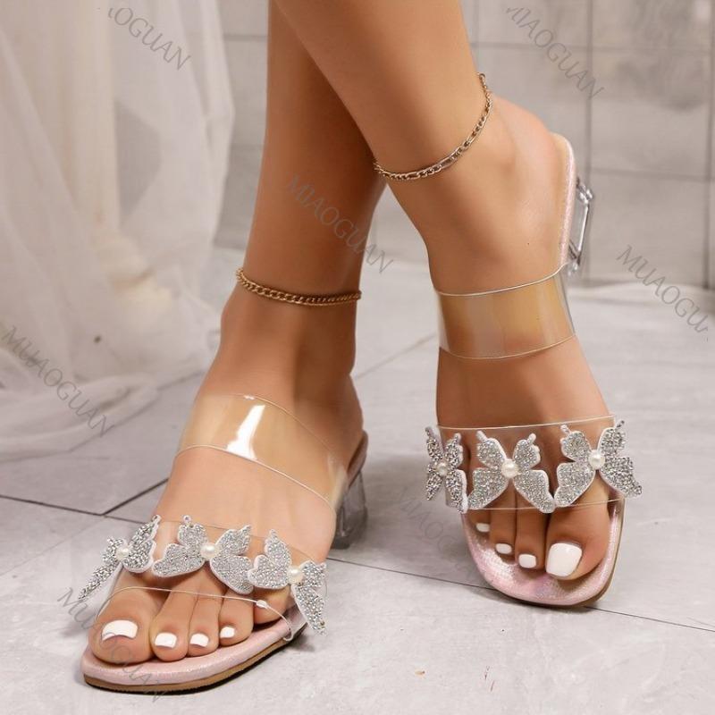 Fashion Summer Pearl Butterfly Slippers for Women Transparent Square Middle Heel Female Sandals Slides Fashion Square Toe Heeled Shoes
