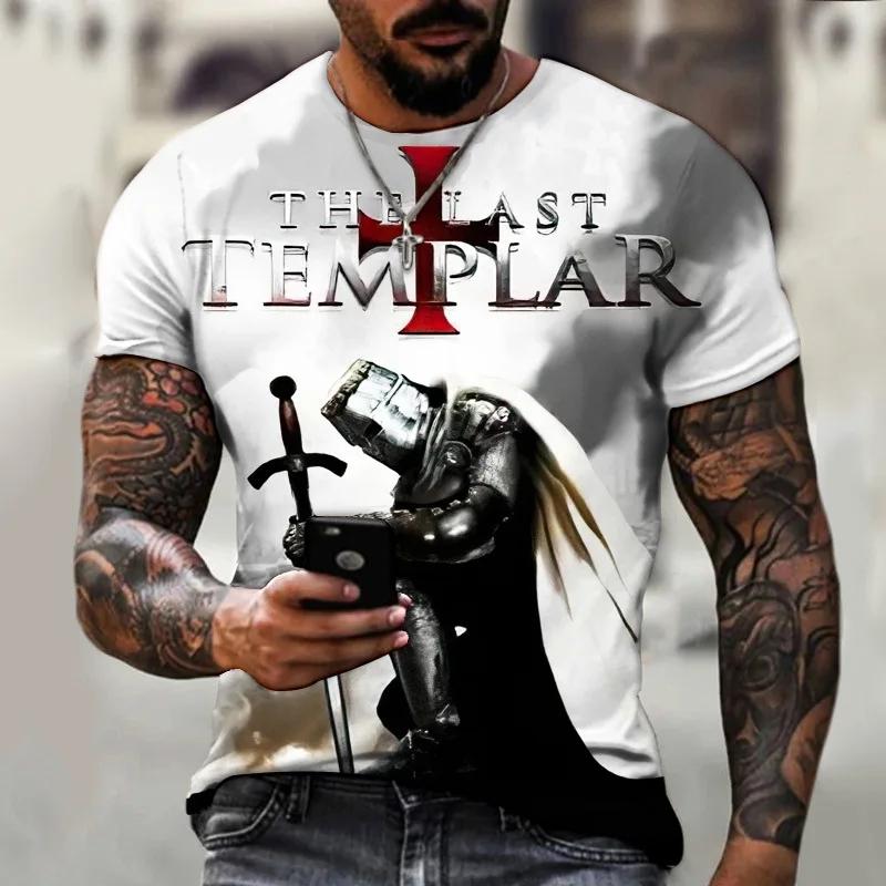 Summer Round Neck 3D Templar Knight Pattern Printed Top Fashionable Casual Short Sleeved Men's T-shirts