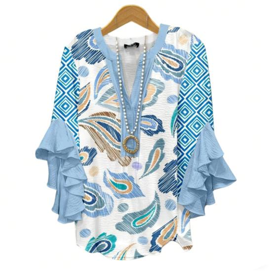 Women Shirt V-Neck 3/4 Ruffle Sleeves Floral Print Anti-Wrinkle Bohemian Blouse Loose Fit Ultra Lightweight Beach Shirt
