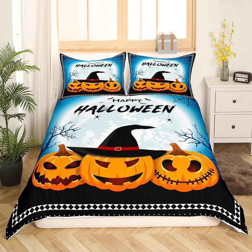 Pink Ghosts Duvet Cover Set Single Size Halloween Theme Bedding Set 2/3pcs Kids Girl Room Decor Gothic Skull Spider Bat Pumpkin