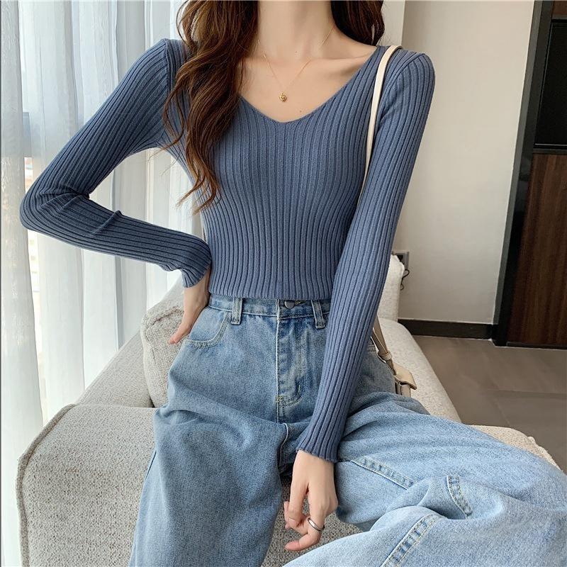Damen V-Ausschnitt Pullover Slim Pullover Eng Langärmlig Einfarbig Einheitsgröße Strickware Frühling Herbst Pendeln
