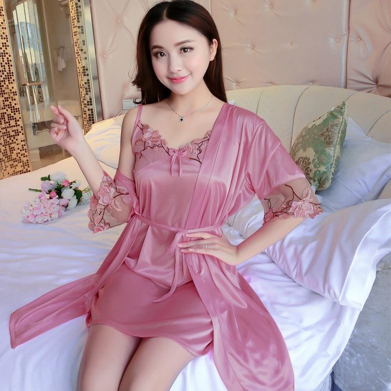 Women Fashion Soft Satin Two-Piece Pajamas Sets Ice Silk Nightgown Sleepwear