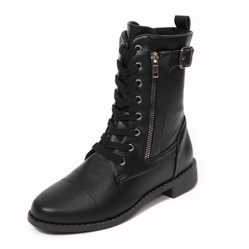 Plus-size Shoes Flat Casual Round-toed Fashionable Boots Belt-buckle Mid-calf Boots