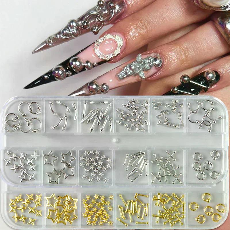 12 Grids Gothic Punk Retro Metal Nail Jewellery 3D Gold Silver Nail Rhinestone Accessories DIY Glamour Nail Decoration