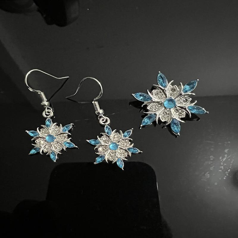 New Water Blue Snowflake Necklace and Christmas Ear Ring Set - Women's Jewelry Accessory