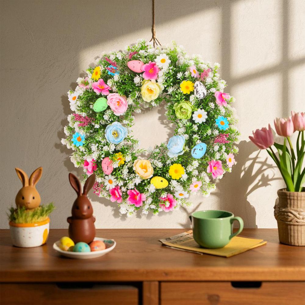 Easter Egg Wreath Artificial Flower Wreath Decorative Garden Party with Colorful Eggs Artificial Green Leaves Garland Decoration
