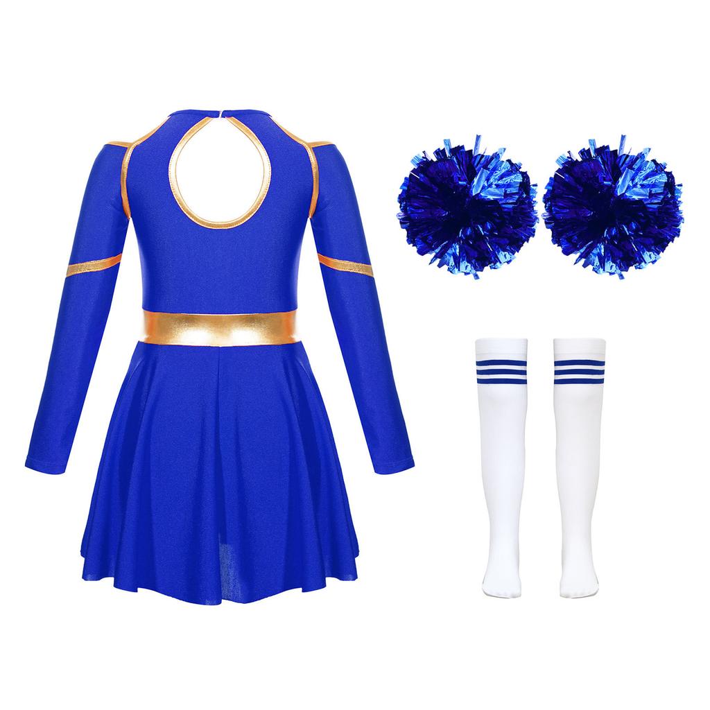 Mädchen Cheerleading Outfit Buchstabendruck Off-Shoulder Schlüsselloch Rücken Langarmkleid mit Blumenbällen Gestreifte Socken