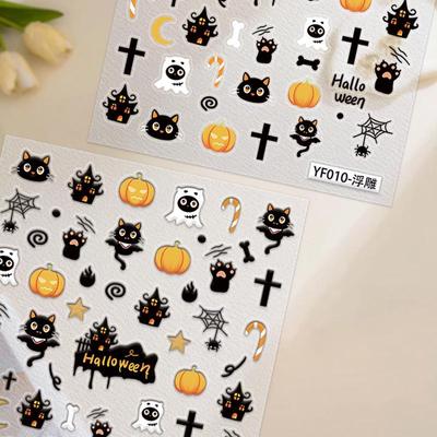 Embossed Halloween Fluffy Kitten & Ghost Nail Art Stickers - Pumpkin, Spider Web & Little Devil Design