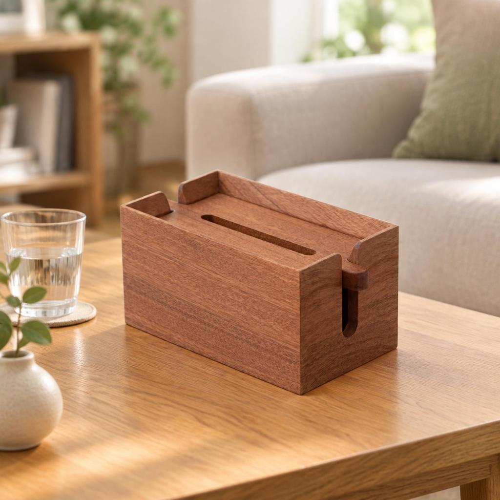 Walnut Wood Tissue Box Refillable Solid Holder with Raised Side Supports for Living