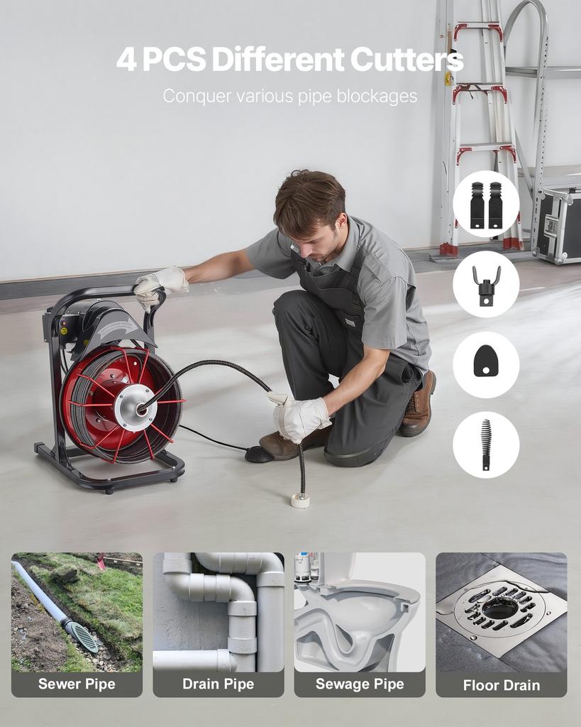 VEVOR Drain Cleaner Machine 23m x 13mm, Sewer Snake Auger Manual Feed with 4 Cutters & Air-activated Foot Switch for 50mm to 150mm Pipes