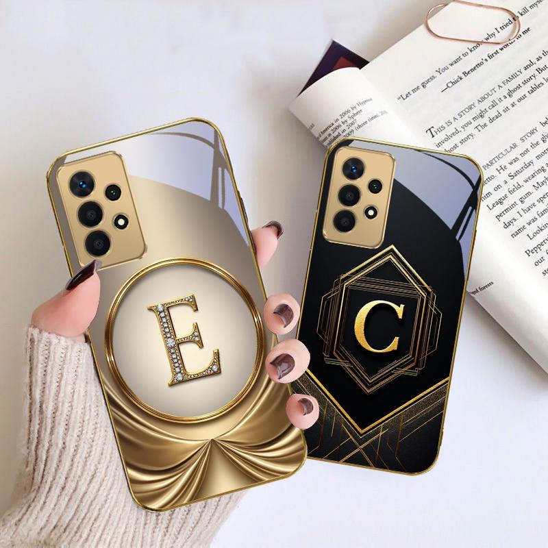 Gorgeous letter gold "R" For Samsung A 01 52S A04 A05S A10 A12 13 22 23 24 36 42 M02 Note 10 20Ultra 8 9 Golden glass phone case