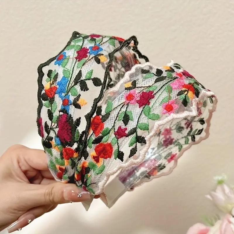 2pcs Women'S Floral Lace Headbands - Vintage Bohemian Wide Non-Slip Mesh Hairbands with Comb Teeth, Colorful Flower Embroidery