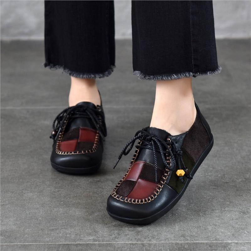 Johnature Genuine Leather Contrasting Color Flat Shoes Square Toe Stitched Lace Up Soft Soled Women's Shoes