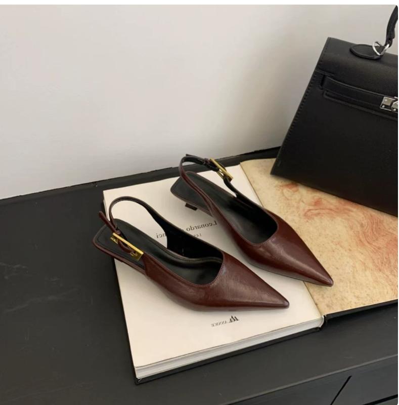 

Summer New Women Sandal Fashion Pointed Toe Shallow Slip on Ladies Elegant Slingback Shoes Thin Med Heel Dress Mules Pumps 35 вино красного