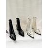 Pointed Belt Buckle Thick Heel Short Boots European and American Style High Heel Rear Zipper Soft Leather Thin Short Boots