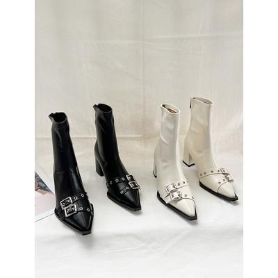 Pointed Belt Buckle Thick Heel Short Boots European and American Style High Heel Rear Zipper Soft Leather Thin Short Boots