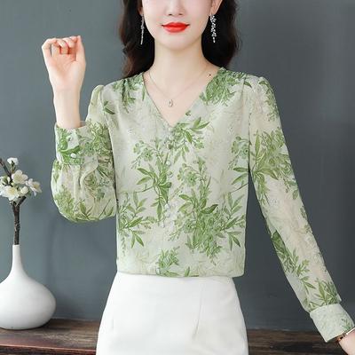 Long Sleeved V-neck Chiffon Shirt for Women, Summer Loose Fit Shirt, Fashionable and Versatile Small Shirt
