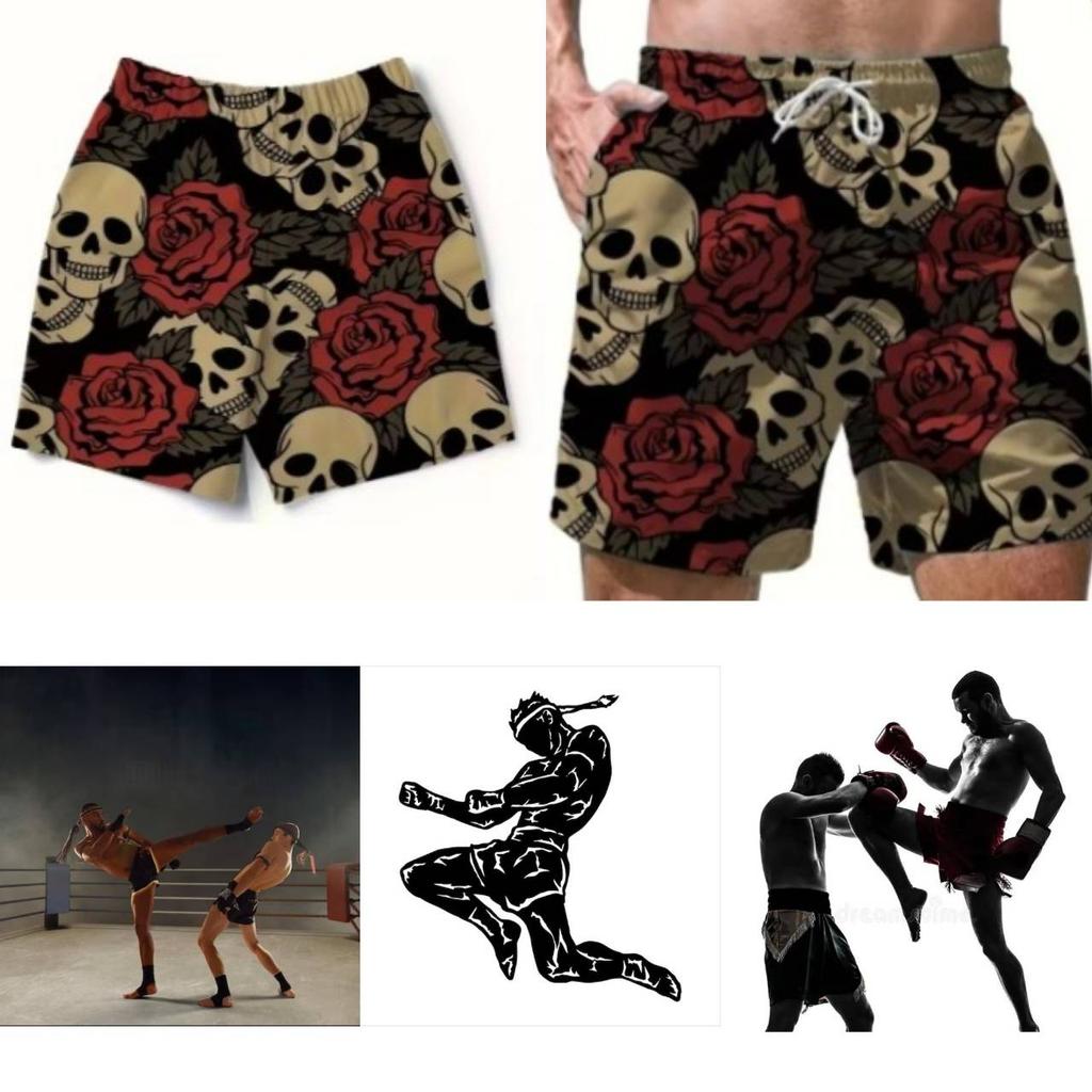 Vintage Skull Rose Flower Boxing Muay Thai Shorts Pants 3D Print Training Unisex Men Women Quick Dry Fitness Gym Sport Workout Casual Streetwear