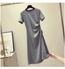 Women's O Neck Short Sleeve Solid Drawstring Waist Loose Fit Elegant Casual Midi A-Line T Shirt Dress