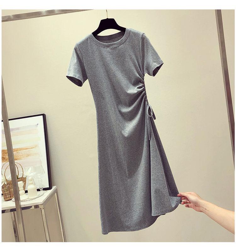 Women's O Neck Short Sleeve Solid Drawstring Waist Loose Fit Elegant Casual Midi A-Line T Shirt Dress