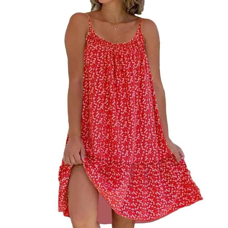 Floral Printed Women's Sleeveless A-line Polyester Beach Dress Loose