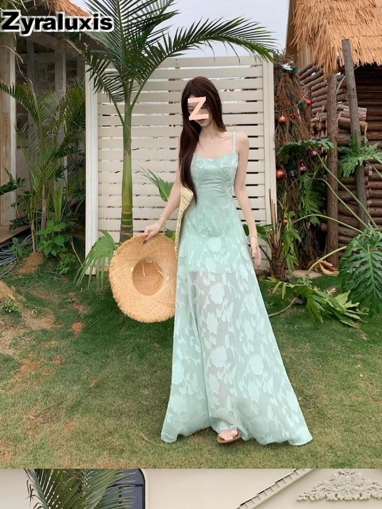 Summer New French Fresh Sweet Strappy Dress for Women Beach Vacation Outfit High Waist Midi Skirt