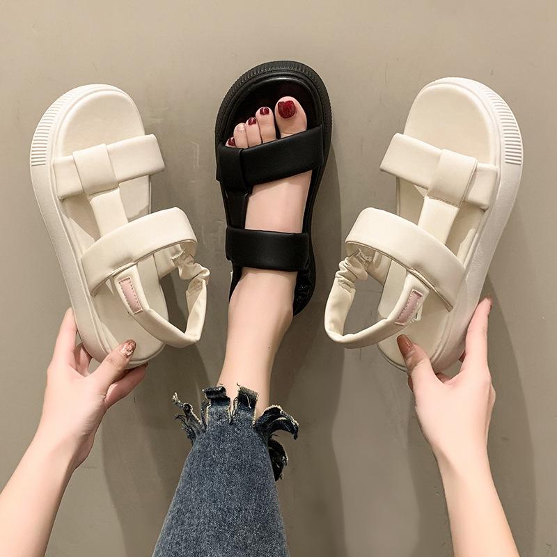 Fashion Spring and summer flat thick-soled sandals Korean version Velcro round-toed casual sandals Roman bread shoes for women