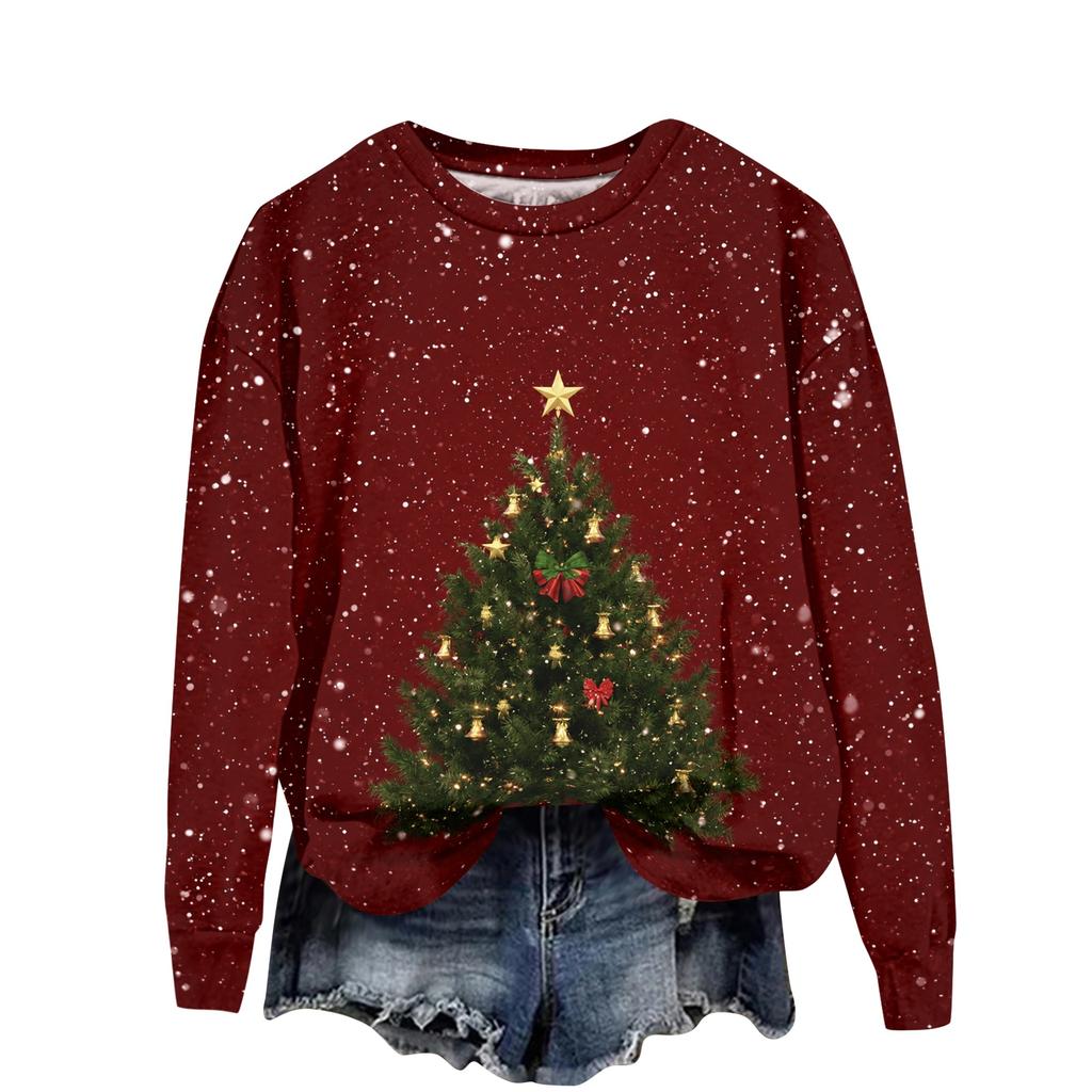 Women's Casual Long Sleeve Christmas Print Neck Pullover Sweatshirt Top
