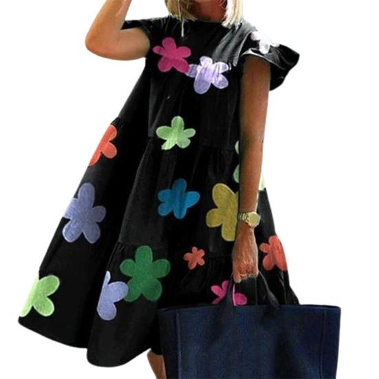 O-Neck Mini Dress Popular Soft Texture Flying Short Sleeve Butterflies Pattern Large Hem