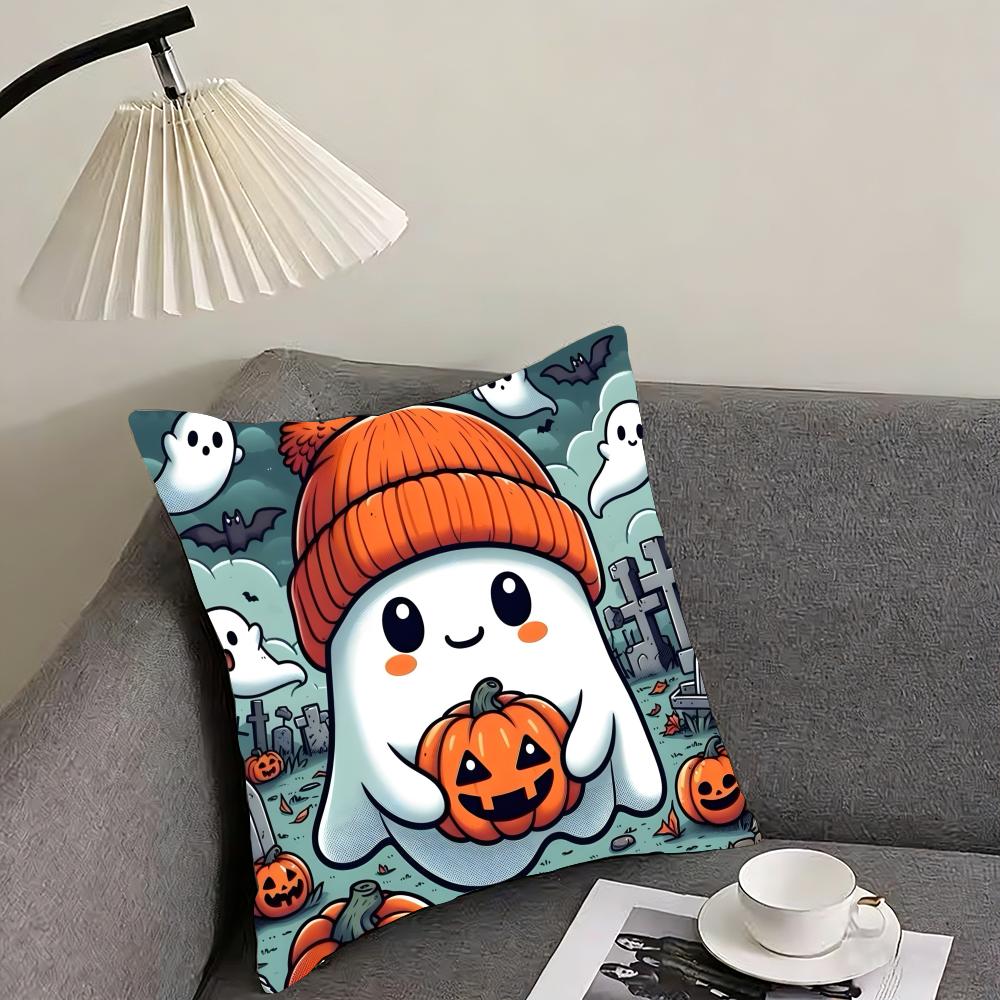 Cute Ghost with Pumpkin Cushion Cover Reversible Plush Pillow Cover – For car, sofa, bedroom, perfect as a gift.