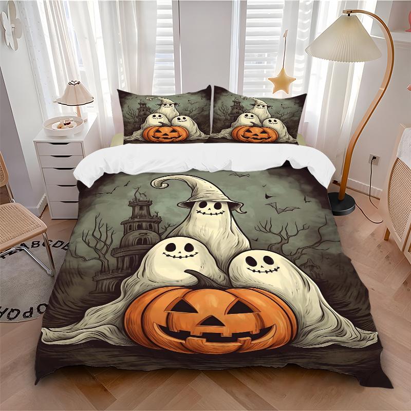 3pcs Ghost With Pumpkin Drawing Print Bedding Set (1 Cover + 2 Pillowcases, Without Inserts), This Printed Bedding Set Is Soft and Comfortab