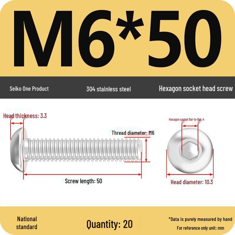 304 Stainless Steel Pan, Half, and Round Head Hexagon Screws (M2-M12)