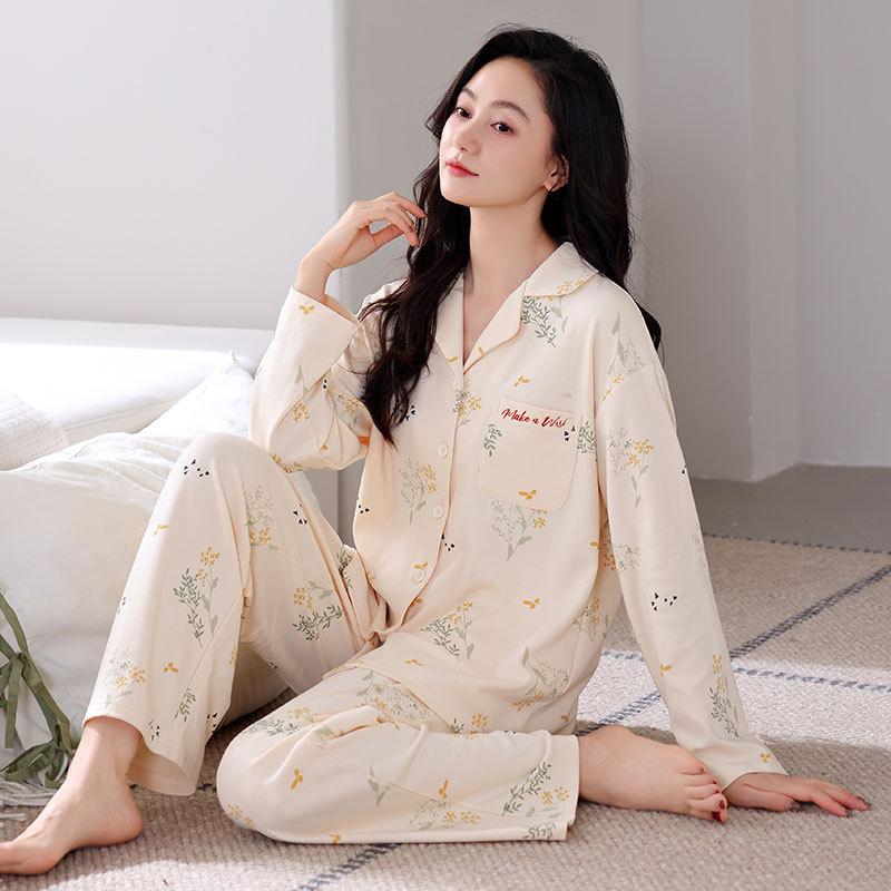 Pajamas Women'S Pure Cotton Long-Sleeved Autumn, Winter And Mid-Autumn Loungewear Set