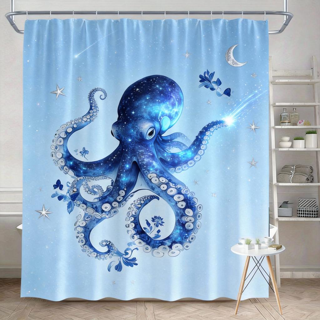 Octopus Shower Curtain Blue and White Porcelain Design, Artistic Ocean Creature Bath Curtain for Modern Bathroom Decor